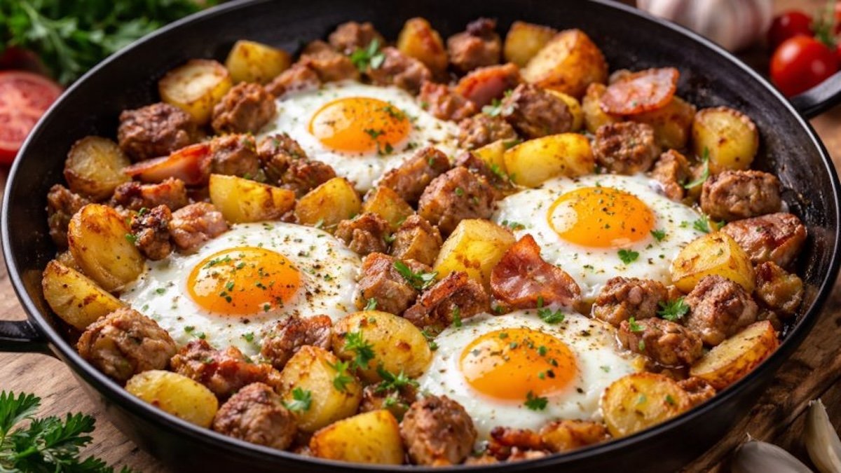 Recept na vesnické brambory s masem, slaninou a vejcem na pánvi