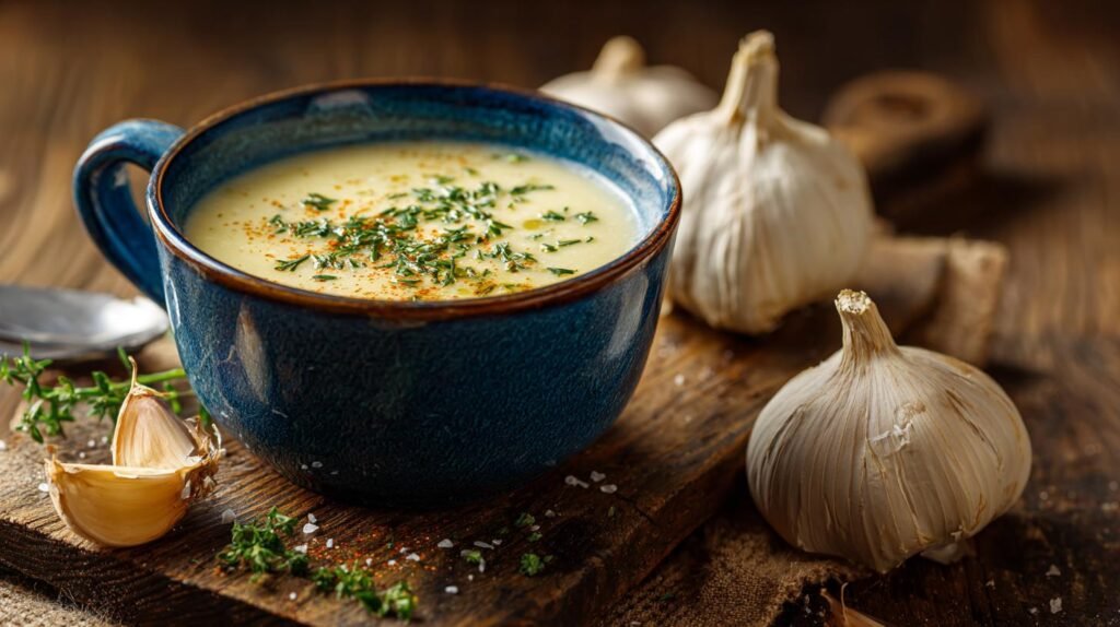 Česneková polévka s bramborem, zahřeje a zasytí