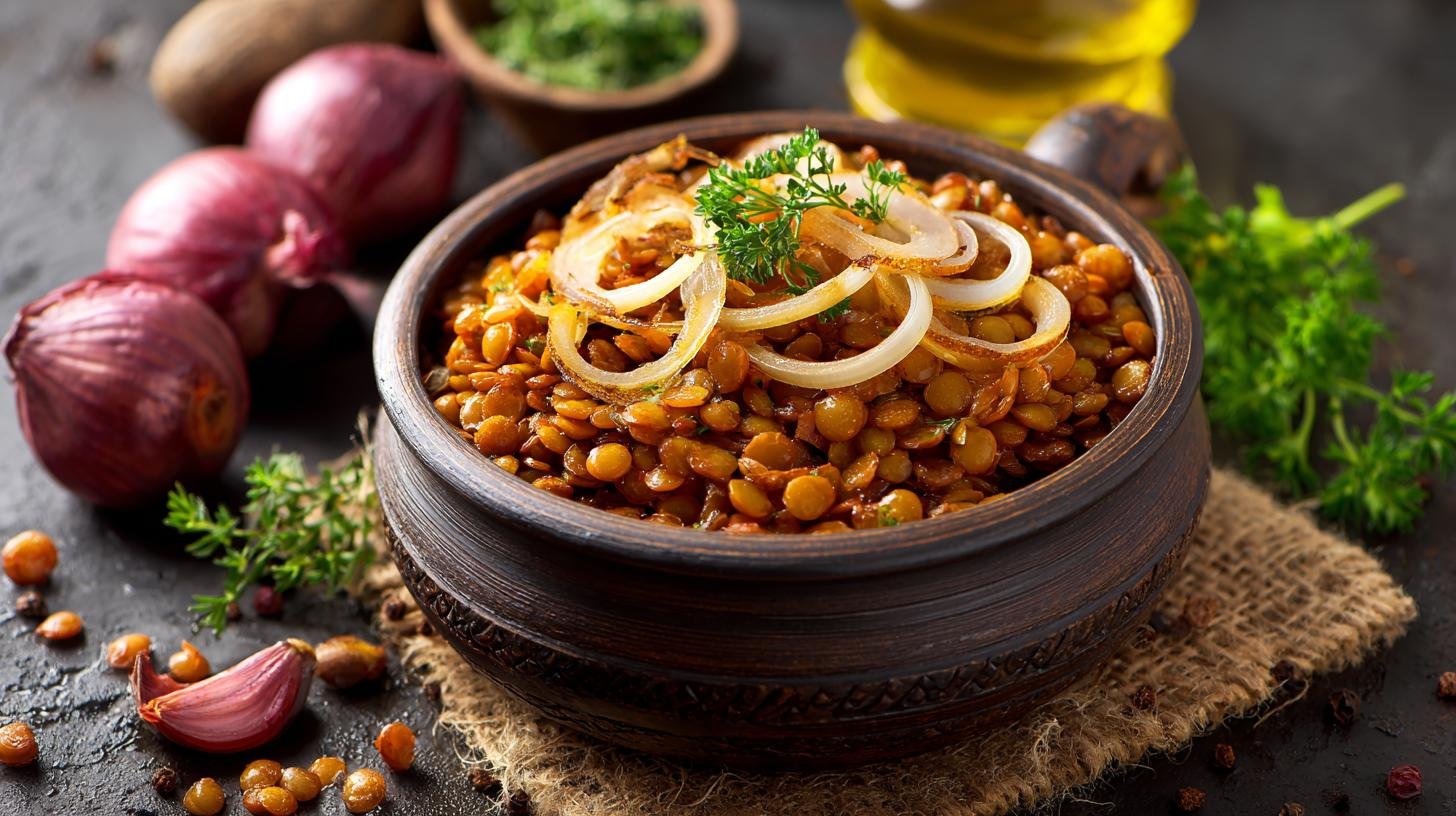 Čočka na kyselo s cibulí, levná a poctivá